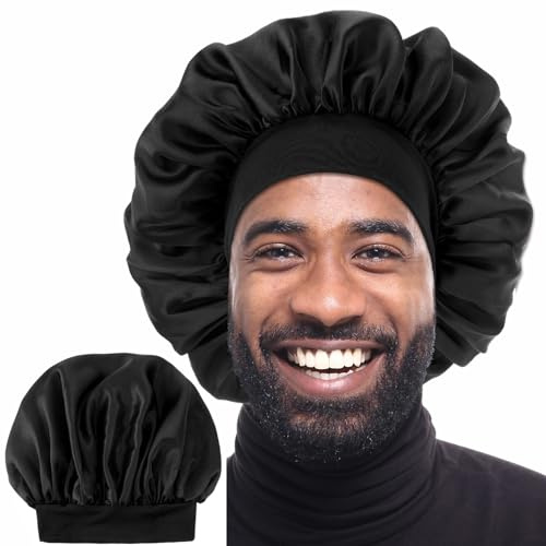 Dimeho Bonnet en soie pour homme - Bonnet de sommeil en satin réglable - Couche unique - Bonnet de sommeil réversible - Bonnet de sommeil bouclés pour femme, Noir , Taille unique