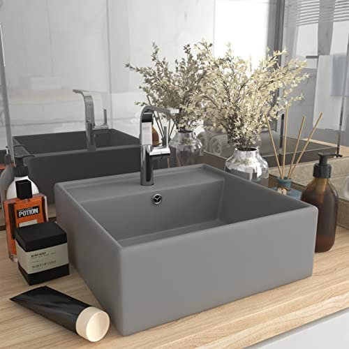 ShGaxin Lavabo carré trop-plein en céramique gris clair mat 41 x 41 cm, évier de salle de bain, lavabo de salle de bain, lavabo Casa de Banho, meuble lavabo sur plan
