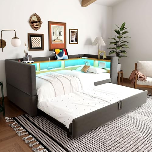 Polsterbett Ausziehbares Bett 90/180x190, Bettgestell mit LED Beleuchtung&Steckdosen&vielen Ablagefächern, Tagesbett Einzelbett Doppelbett Funktionsbett Gästebett, Flannelette,Ohne Matratze,Dunkelgrau