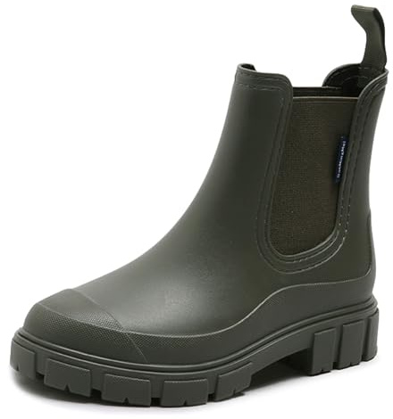 DRECAGE Gummistiefel Damen Wasserdicht Stiefel Damen Halbhoch Ankle Chelsea Boots Stylisch Stiefeletten mit Rutschfest Sohle Grün 41