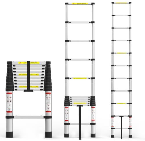 3.2m Teleskopleiter, 8.5FT Ausziehbare Leiter aus Aluminium, Druable faltende Leiter mit maximaler Kapazität 150kg, Sicherheitsverriegelungen zusammenklappbare Leitern für Zuhause, Dachboden, Freien
