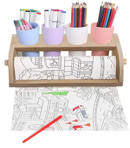 Dispensador de rollos de papel de mesa, papel para niños de madera de alta capacidad y unidad de almacenamiento con contenedores | Arte portátil Art Pintura ESEJO PARA JUEGOS DE DROGAS DE DROGAS DE