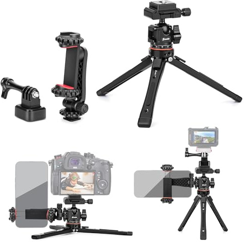 Zeadio 3-in-1 Schweres Metallstativ mit Arca-Kugelkopf, Halterung für Handy & Actionkamera-Adapter – Universelles Vlogging-Tripod-Set für Smartphone, Kamera, Gimbal, Actionkamera, Reise-Vlogging usw