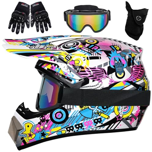 Casco da Motocross Per Ragazzi Con Occhiali, Guanti E Maschera, Per Bambini Dai 5 Ai 14 Anni, Casco Atv Per Ragazzi E Ragazze, ATV, BMX, Mountain Bike, Quad, Approvato DOT(Q1,XL (58-59cm))