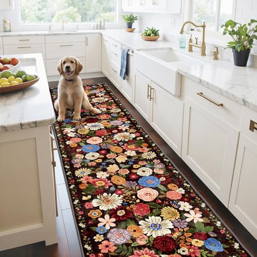 Black/Brown Kitchen Rug 2x6, Non Slip Washable Runner Rugs with Rubber Backing Soft Floral Carpet entryway Runner for Hallways, Kitchen, Laundry, Bedroom, Bathroom (Black/Brown, 2 x 6)