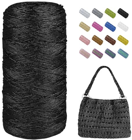 Uiopa Makramee Garn 1mm x 480m Metallic Häkelgarn für Taschen, Polyester Garn Glitzer Taschengarn für Häkelkorb, Heimdekoration, DIY Handwerk (Schwarz)