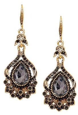 Hanary Bohemian Antique Style Flower Pattern Gold-Toned Alloy Black Stone Drop Earrings for Women