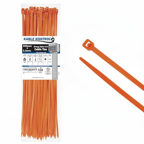 Kable Kontrol Orange Cable Ties, 300 mm x 3.6 mm, Pack of 100, 12 Premium Nylon Zip Ties, Multi-Purpose Plastic Tie Wraps, Secure Self-Locking Mechanism, for Home, Garden, Office and DIY