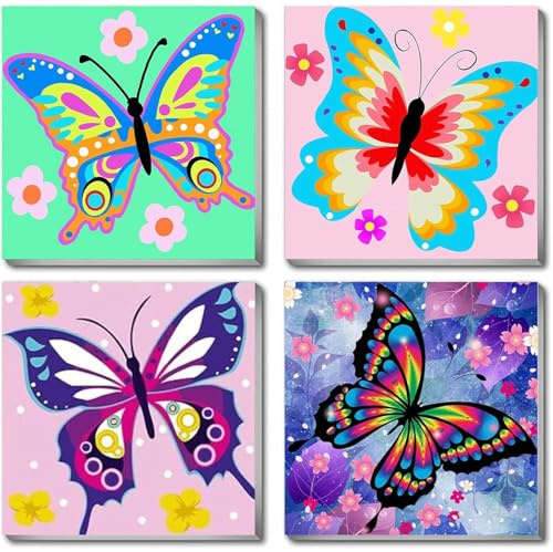 JATOK Malen nach Zahlen Erwachsene, 4er-Set, Schmetterlinge, 20 x 20 cm | Paint by Numbers Adult mit Acrylfarben und Pinseln Handgemalt Ölgemälde Leinwand DIY-Projekt für Anfänger, Ohne Rahmen