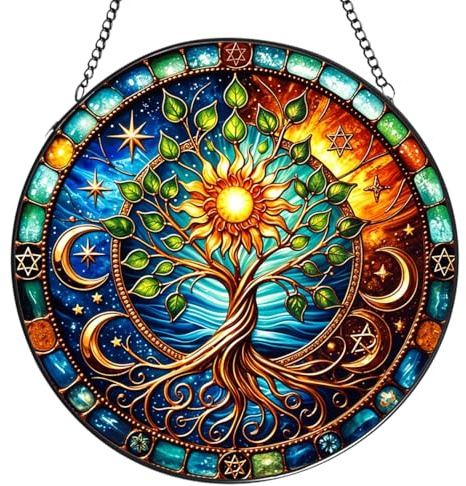 Lebensbaum Sonnenfänger Fenster, Buntglaseffekt Sonnenfänger Hängend für Fenster Wandkunst, Suncatcher mit Eisenkette Acryl Fensterdeko Hängend für Terrasse, Wand, Garten