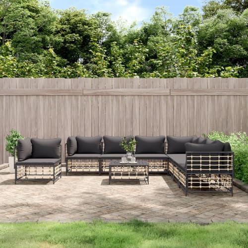 WEMYUFURN Garten Lounge-Set aus wetterfestem Poly Rattan mit Stahlrahmen und gepolsterten Kissen für Terrasse, Außenbereich | Modulares Design, stabile Tischplatte, hoher Sitzkomfort,