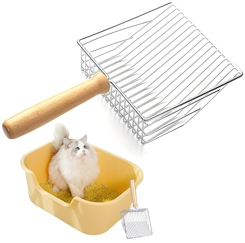 Esshogo 1 Stücke Katzenstreuschaufel, Katzenstreu Schaufel mit Holzgriff, Katzenklo Schaufel Metall, Lochabstand 7mm, Länge 28cm, Litter Box Scoop