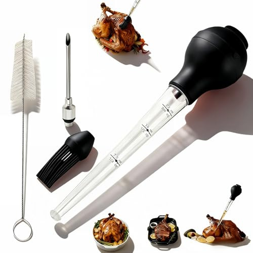 Yayaboqu Turkey Baster with Cleaning Brush, Meat Injector Syringe with Detachable Silicone Bulb, 304 Stainless Steel Needle and Basting Brush for Roasting Chicken, 22ml Capacity (Black)