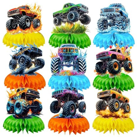 Bubaxuce 9 Pezzi Decorazioni da Tavolo con Monster Truck Addobbi per Feste di Compleanno con Monster Truck Centrotavola A Tema Monster Truck