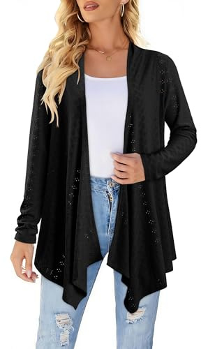 KISSMODA Womens Long Sleeve Draped Open Front Eyelet Cardigan Casual Lightweight Loose Jumper Duster Beach Cover Up Black