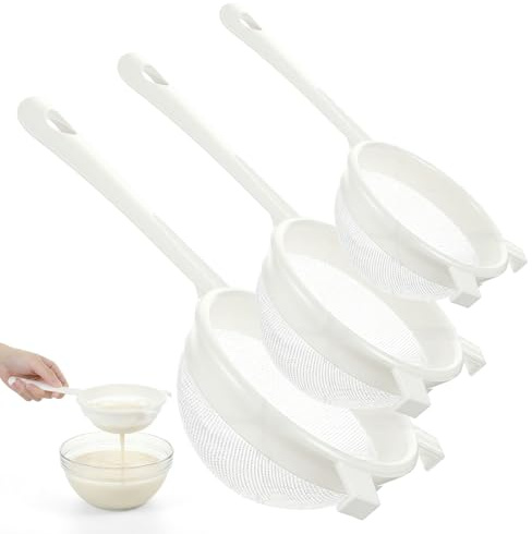 3PCS Plastic Nylon Strainer Set, 3 Sizes Ultra Fine Mesh Strainer for Juicing Kefir Grains Yogurt and More, Food-Grade Nylon Mesh Colander with Handle for DIY Crafts Baking Stuff