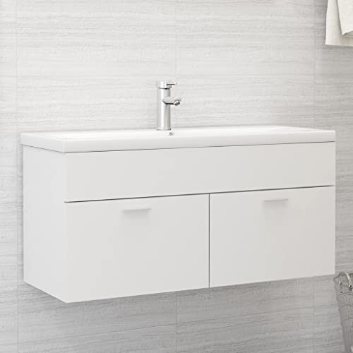 LoogCape Vanity Unit with Built-In Basin, White, Ceramic, 100 x 38.5 x 46 cm, Bathroom Furniture Set with 1 Compartment and 2 Doors, Washbasin for Washroom and Guest Toilet Organiser