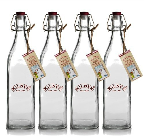 Kilner Traditional Vintage Style Square Airtight Clip Top Preserve Glass Bottles, 1 Litre - 4 Piece Set