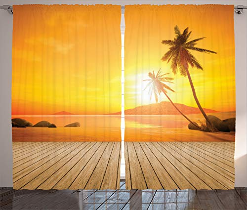 ABAKUHAUS Tropisch Rustikaler Gardine, Holzdeck Sonnenuntergang, Schlafzimmer Kräuselband Vorhang mit Schlaufen und Haken, 280 x 225 cm, Orange Braun