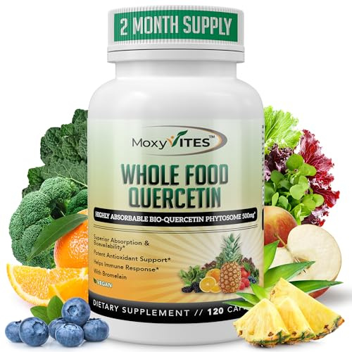 MoxyVites Quercetin with Bromelain 500mg Supplement - Bioactive Phytosome Complex, Pure Organic Whole Food Seasonal Support, Antioxidant, 20X Absorption & Bioavailability-120 Caps