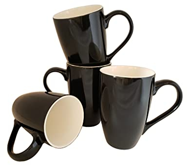 Essential Drinkware, Lot de 4 grandes tasses à café en porcelaine Portici de 532 ml - Noir - Style bistrot - Poignées extra larges et couleurs contrastées