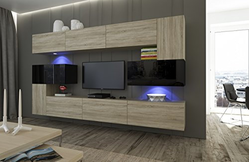 Furnitech Ensemble Meuble TV Mural Suspendu Salon – Meuble Salon Design Moderne avec colonnes, vitrines et rangements – Mobilier avec éclairage LED Blanc (Albania AN3-17SB-HGM40 1A)