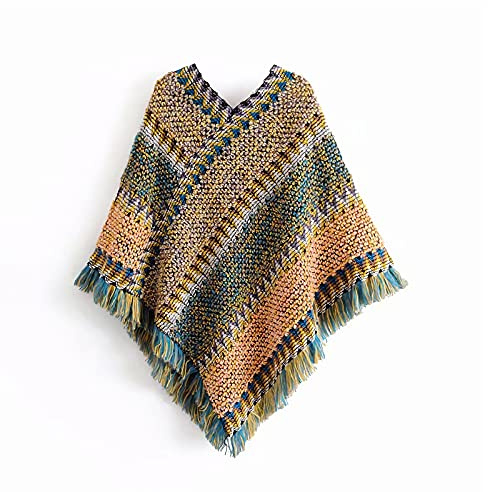 Poncho da donna maglioni con frange a righe con scollo a V sciolto senza maniche orlo irregolare pullover casual mantelle avvolge top in maglia, Verde erba , Medium