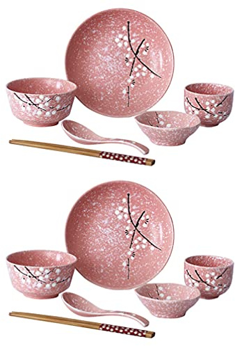 HEMOTON 1ensemble Vaisselle Céramique Japonaise Service De Table Élégant Rose Pour Maison Comprend Bols Assiettes Et Tasses Kit De Couverts Pratique Et Chic