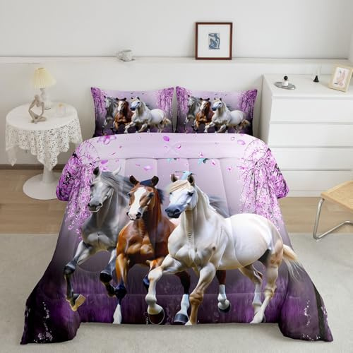 Feelyou Girls Horse Twin Size Comforter Set Cherry Blossom Galloping Horse Bedding Set for Kids Boys Teens Western Duvet Comforter Floral Animal Decor Gifts for Girls Quilt Set Bedroom,Purple