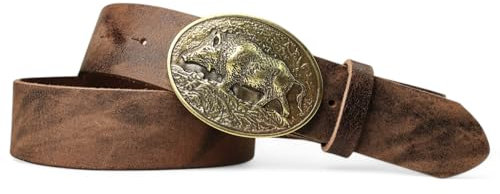FRONHOFER Trachtengürtel Büffelleder 4 cm Breite Wildsau Messingschnalle 7,5 x 6 cm Druckknopfsystem Größen 95-125 Made in Germany Landhausmode Jagd