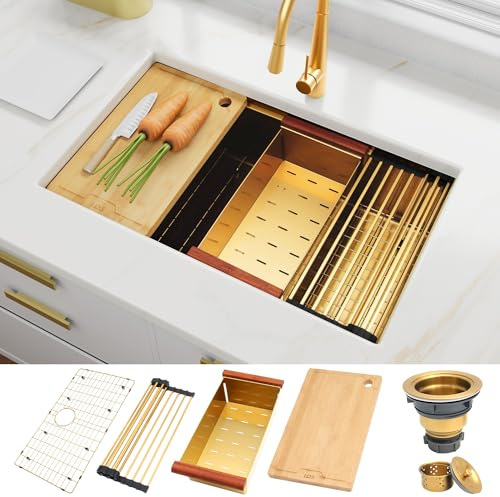 LQS Gold Kitchen Sink, 32 Inch Gold Undermount Kitchen Sink, 32” x 19 Stainless Steel 16 Gauge Kitchen Sinks with Pratical Accessories For Luxury Kitchens, Round Corner and X Drain Line