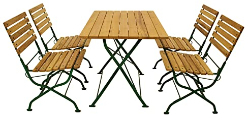 DEGAMO Garten Sitzgruppe Klappgarnitur Passau 5-teilig (4X Stuhl, 1x Tisch 70x110cm), Gestell Flachstahl dunkelgrün, Belattung Robinien Holz, Outdoor
