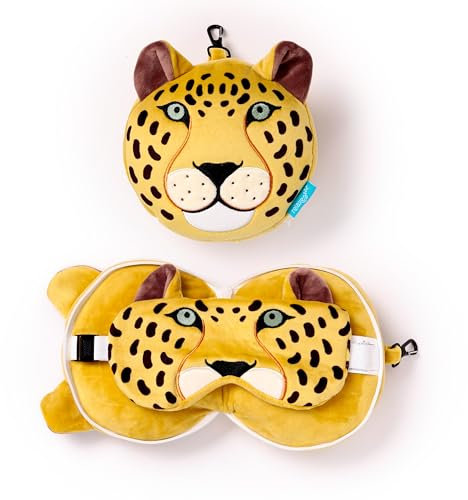 Relaxeazzz Cuscino da viaggio rotondo in peluche leopardato e maschera per gli occhi