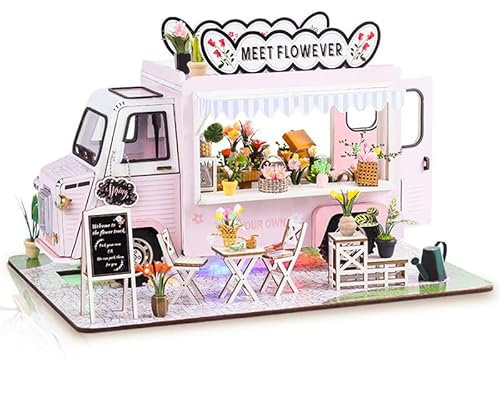 DIY Dollhouse Kit, Wooden Miniature Sunshine Floats 3D Puzzle Flower Cart Furniture Kit Mini House DIY with LED Crafts Adults to Build Best Birthday Gifts