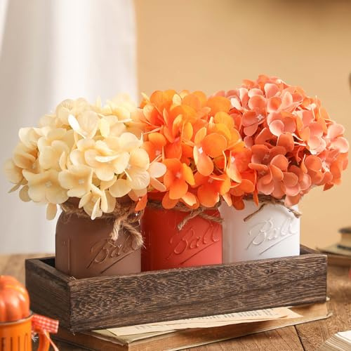 Fall Mason Jar Centerpiece for Table, Fall Decorations for Home, Artificial Flowers with 3 Painted Jars, Thanksgiving Decorations Indoor, Thanksgiving Rustic Table Decor