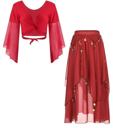 Yeahdor Damen Bauchtanz Kostüm Set Langarm Tanz Oberteil + Latein Rock mit Mützen Tanzkostüm Karneval Fasching Cosplay Party Verkleidung
