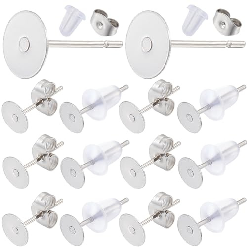SUNNYCLUE 1 scatola 900 pezzi 6 mm 304 orecchini A Bottone In Acciaio Inossidabile Orecchini A Bottone Piatto Orecchini A Bottone Argento Rotondo Vuoto Impostazioni Cabochon Orecchini Trasparenti Pern