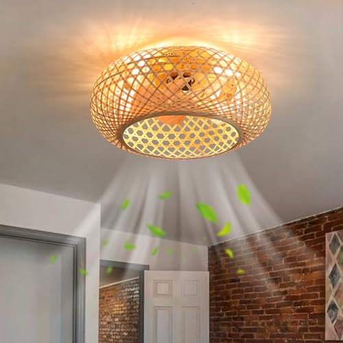 Vintage Lampadario Ventilatore da Soffitto Bambù Intrecciato Silenzioso Plafoniera con Ventilatore Cameretta 6 Velocità Reversibile Ventilatore da Soffitto con Luce e Telecomando Soggiorno