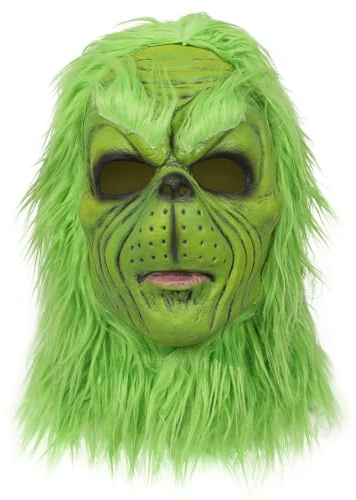 Fehodun Green Maske Weihnachten Latex Maske Gruselige Monster Kopfmaske mit grünem Pelzfe Cosplay Kostüm Requisiten für Erwachsene