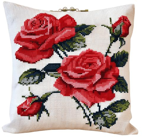 RKFLGEW Knüpfkissen-Set Mit Roter Rose，Knüpfkissen-Set Mit Fantasy-Blumen，Knüpfsets，Kissen，Diy，Handgefertigtes Kissen，Häkelgarn，Stickset，Kissenbezug 43x43cm
