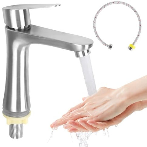 RUCUDIM Rubinetto monocomando per bagno, acqua fredda 143 mm, in acciaio inox, argento, con tubo di collegamento per lavabo o lavandino