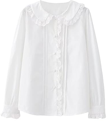 Chemisier Lolita pour Femme à Manches Longues avec Dentelle Douce, Col Claudine, Boutonné, Vintage - Hauts Solides, blanc, M