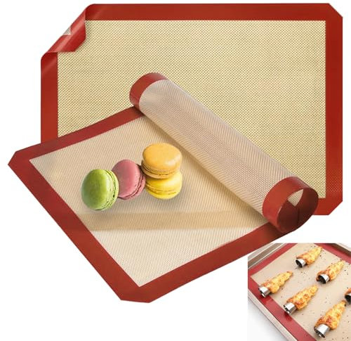 2 Pcs Silicone Baking Mat, Resuable Non-Slip Silicone Pastry Mat Heat Resistant 42X29.5 CM Non-Stick Baking Mat for Pastry Macaron Cake Cookie Bread Making-Red