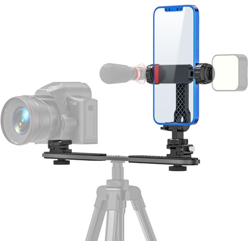 JUBORUI Dual Handyhalterung mit 4 Cold Shoes & 3×1/4 Schnittstellen, 360° Drehbar für Vlogging, Kompatibel mit iPhone, Stativ Montage