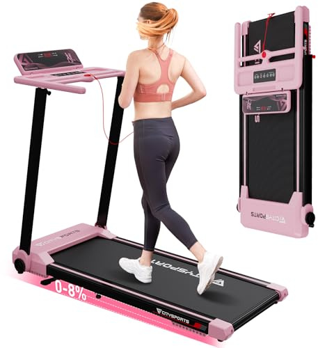 CITYSPORTS Folding Treadmill with 8% Incline, 12km/h Portable Fitness Walking Machine, 1400W Motor Walking Pad Foldable, Under Desk Treadmill, 120kg Weight Capacity, APP&LED Screen