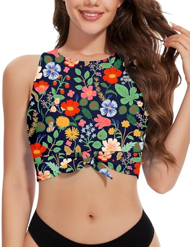 WOWENY Tankini Top da donna singolo, costume da bagno con coppe sexy, bikini push up crop top (solo tankini top, Giardino colorato, M