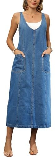 yoeasy Women's V Neck Sleeveless Denim Overall Dress Adjustable Strap Vintage Back Slit Midi Jean Dress with Pockets (X-Large, Light Blue)