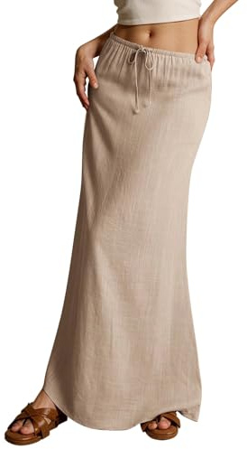 shownicer Jupe Coton en Lin Femme Taille Haute Couleur Unie Casual Skirts avec Cordon de Serrage Décontractée Vacances Plage