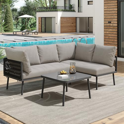 Oxtao Gartenmöbel Sitzgruppe 3-teilige für 4 Personen, Lounge Essgruppe mit Tisch & Stühle für Garten, Balkonmöbel Outdoor mit Tisch und 2 Sofa, Gartenmöbel-Set Gartenlounge für Balkon (Grau)