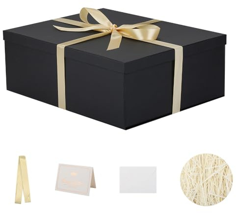 KdmNzoo Geschenkbox mit Deckel 42 x 32 x 15.5 cm xxl, Geschenkbox mit Schleifen, Grußkarten, Raffia Hamper Shreds für schwarz